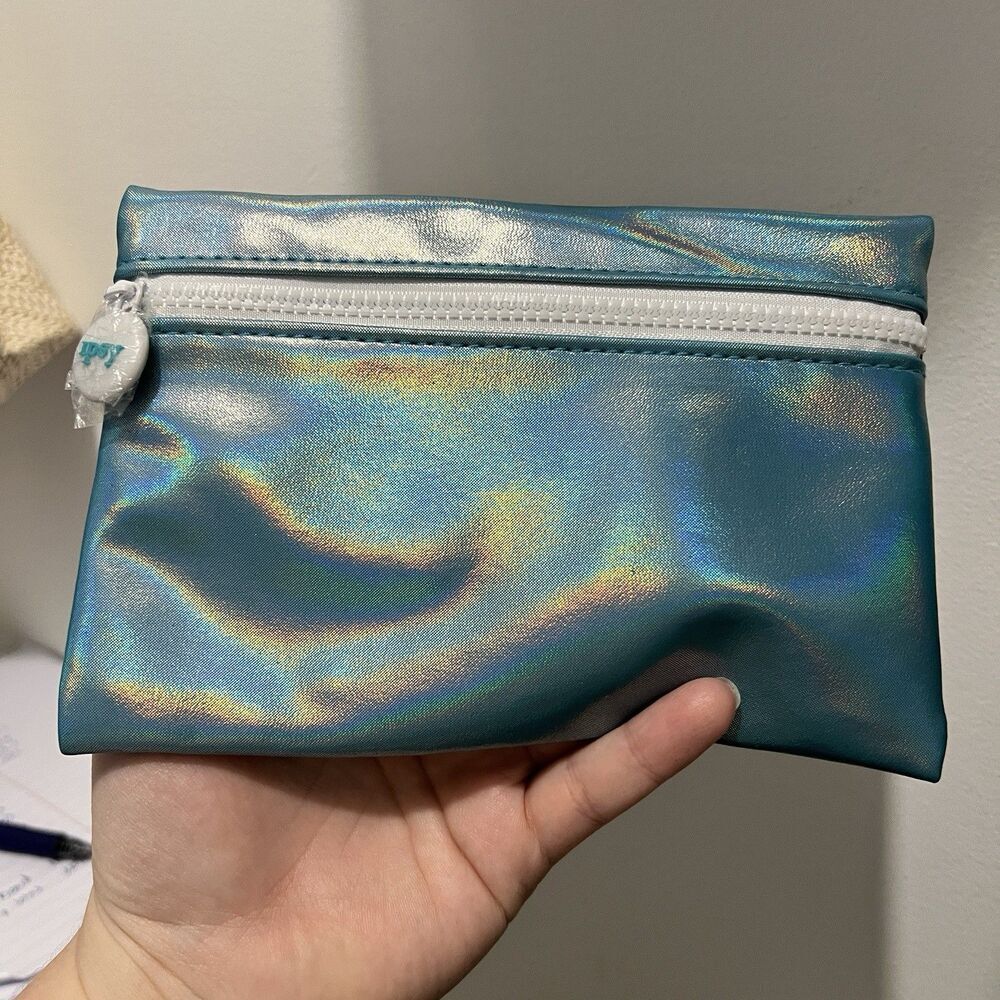 Ipsy Bag Cosmetic Makeup Metallic Teal Blue Shiny‎ Travel Cosmetics